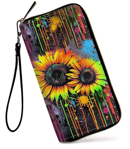 GFRGTFHYT Damen-Geldbörse, großes Fassungsvermögen, RFID-blockierend, PU-Leder, Handgelenk-Geldbörsen für Damen, Aquarell-Sonnenblume, Women Wallet, Aquarell-Sonnenblume von GFRGTFHYT