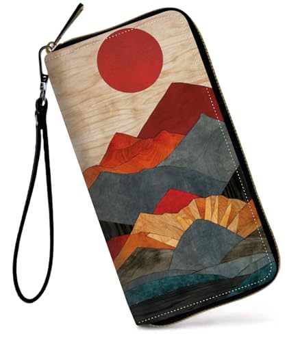 GFRGTFHYT Damen-Geldbörse, großes Fassungsvermögen, RFID-blockierend, PU-Leder, Handgelenk-Geldbörsen für Damen, Aquarell Sunset Mountain, Women Wallet, Aquarell Sunset Mountain von GFRGTFHYT