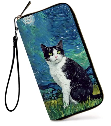 GFRGTFHYT Damen-Geldbörse, großes Fassungsvermögen, RFID-blockierend, PU-Leder, Handgelenk-Geldbörsen für Damen, Art Cat, Women Wallet, Art Cat von GFRGTFHYT