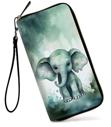 GFRGTFHYT Damen-Geldbörse, großes Fassungsvermögen, RFID-blockierend, PU-Leder, Handgelenk-Geldbörsen für Damen, Art Elephant, Women Wallet, Art Elephant von GFRGTFHYT