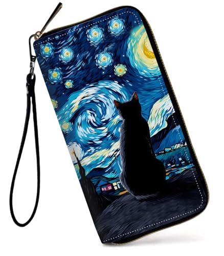 GFRGTFHYT Damen-Geldbörse, großes Fassungsvermögen, RFID-blockierend, PU-Leder, Handgelenk-Geldbörsen für Damen, Art Galaxy Cat, Women Wallet, Art Galaxy Cat von GFRGTFHYT
