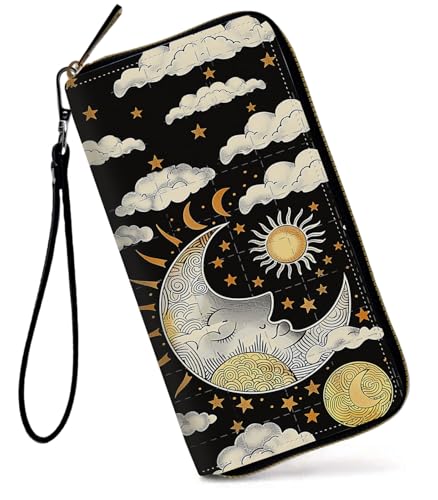 GFRGTFHYT Damen-Geldbörse, großes Fassungsvermögen, RFID-blockierend, PU-Leder, Handgelenk-Geldbörsen für Damen, Art Moon Sun, Women Wallet, Art Moon Sun von GFRGTFHYT