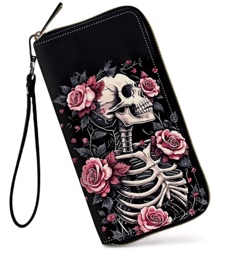 GFRGTFHYT Damen-Geldbörse, großes Fassungsvermögen, RFID-blockierend, PU-Leder, Handgelenk-Geldbörsen für Damen, Art Skull Flowers, Women Wallet, Art Skull Flowers von GFRGTFHYT