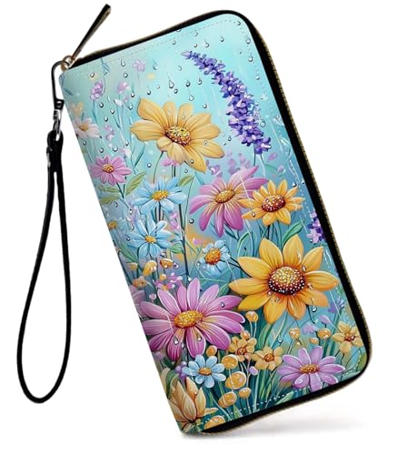 GFRGTFHYT Damen-Geldbörse, großes Fassungsvermögen, RFID-blockierend, PU-Leder, Handgelenk-Geldbörsen für Damen, Bunte Wildblumen, Women Wallet, Bunte Wildblumen von GFRGTFHYT