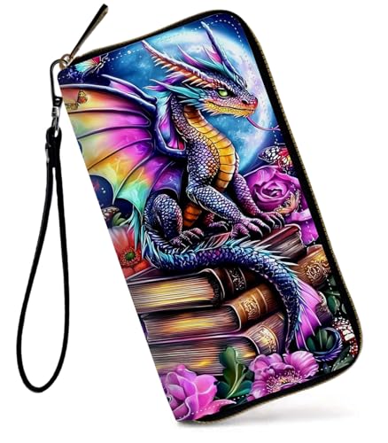 GFRGTFHYT Damen-Geldbörse, großes Fassungsvermögen, RFID-blockierend, PU-Leder, Handgelenk-Geldbörsen für Damen, Dragon Moon, Women Wallet, Dragon Moon von GFRGTFHYT