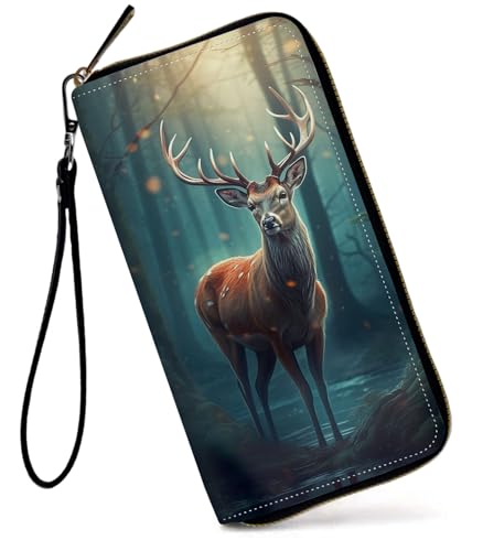 GFRGTFHYT Damen-Geldbörse, großes Fassungsvermögen, RFID-blockierend, PU-Leder, Handgelenk-Geldbörsen für Damen, Elch Hirsch Wald, Women Wallet, Elch Hirsch Wald von GFRGTFHYT