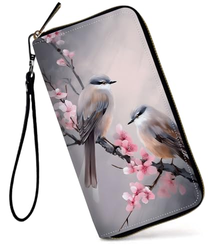 GFRGTFHYT Damen-Geldbörse, großes Fassungsvermögen, RFID-blockierend, PU-Leder, Handgelenk-Geldbörsen für Damen, Elster Birds Pflaumenblüten, Women Wallet, Elster Birds Pflaumenblüten von GFRGTFHYT