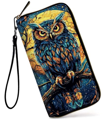 GFRGTFHYT Damen-Geldbörse, großes Fassungsvermögen, RFID-blockierend, PU-Leder, Handgelenk-Geldbörsen für Damen, Eule Moon Art, Women Wallet, Eule Moon Art von GFRGTFHYT