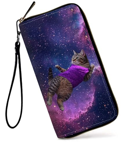 GFRGTFHYT Damen-Geldbörse, großes Fassungsvermögen, RFID-blockierend, PU-Leder, Handgelenk-Geldbörsen für Damen, Katze Lila Galaxie, Women Wallet, Katze Lila Galaxie von GFRGTFHYT