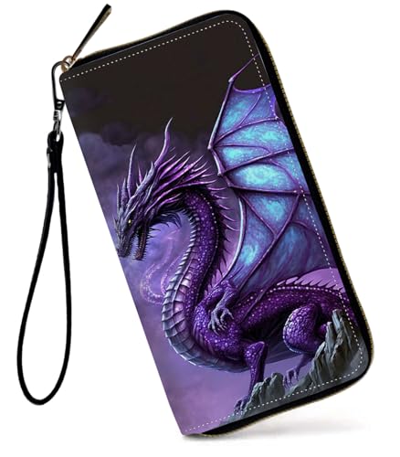 GFRGTFHYT Damen-Geldbörse, großes Fassungsvermögen, RFID-blockierend, PU-Leder, Handgelenk-Geldbörsen für Damen, Lila Drache, Women Wallet, Purple Dragon von GFRGTFHYT