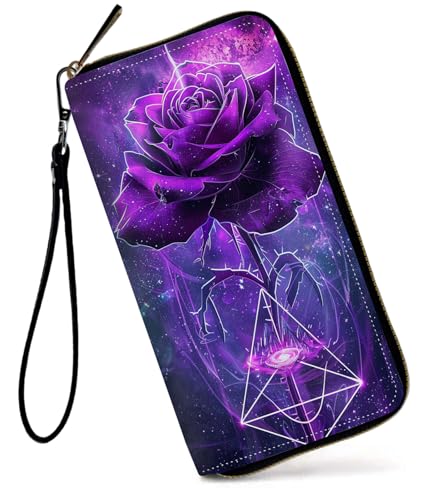 GFRGTFHYT Damen-Geldbörse, großes Fassungsvermögen, RFID-blockierend, PU-Leder, Handgelenk-Geldbörsen für Damen, Lila Galaxy Rose, Women Wallet, Lila Galaxy Rose von GFRGTFHYT
