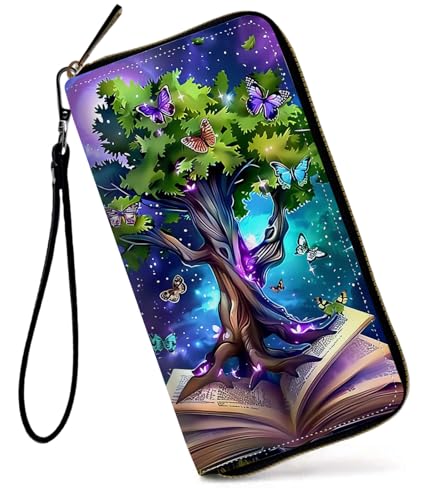 GFRGTFHYT Damen-Geldbörse, großes Fassungsvermögen, RFID-blockierend, PU-Leder, Handgelenk-Geldbörsen für Damen, Magic Books Tree, Women Wallet, Magic Books Tree von GFRGTFHYT