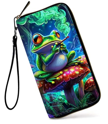 GFRGTFHYT Damen-Geldbörse, großes Fassungsvermögen, RFID-blockierend, PU-Leder, Handgelenk-Geldbörsen für Damen, Niedlicher Froschpilz, Women Wallet, Niedlicher Froschpilz von GFRGTFHYT