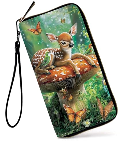 GFRGTFHYT Damen-Geldbörse, großes Fassungsvermögen, RFID-blockierend, PU-Leder, Handgelenk-Geldbörsen für Damen, Pilz Hirsch Wald, Women Wallet, Pilz Hirsch Wald von GFRGTFHYT