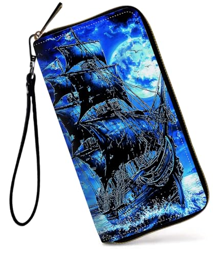 GFRGTFHYT Damen-Geldbörse, großes Fassungsvermögen, RFID-blockierend, PU-Leder, Handgelenk-Geldbörsen für Damen, Piratenschiffe, Women Wallet, Piratenschiffe von GFRGTFHYT