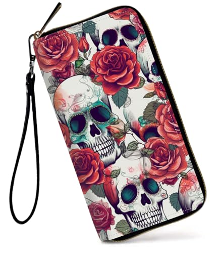 GFRGTFHYT Damen-Geldbörse, großes Fassungsvermögen, RFID-blockierend, PU-Leder, Handgelenk-Geldbörsen für Damen, Rose Skull, Women Wallet, Totenkopf von GFRGTFHYT