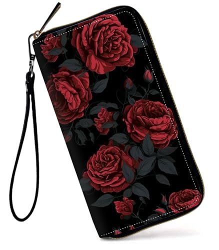 GFRGTFHYT Damen-Geldbörse, großes Fassungsvermögen, RFID-blockierend, PU-Leder, Handgelenk-Geldbörsen für Damen, Rote Rosen, Women Wallet, Rote Rosen von GFRGTFHYT