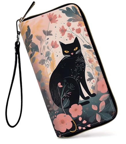GFRGTFHYT Damen-Geldbörse, großes Fassungsvermögen, RFID-blockierend, PU-Leder, Handgelenk-Geldbörsen für Damen, Schwarze Katze Blumen, Women Wallet, Schwarze Katze Blumen von GFRGTFHYT