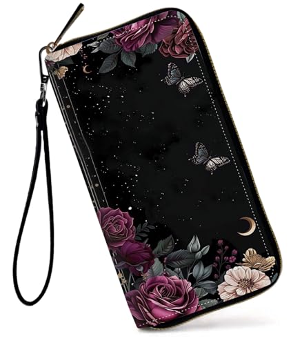 GFRGTFHYT Damen-Geldbörse, großes Fassungsvermögen, RFID-blockierend, PU-Leder, Handgelenk-Geldbörsen für Damen, Schwarzer Blumenschmetterling, Women Wallet, Schwarzer Blumenschmetterling von GFRGTFHYT