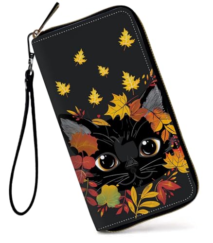 GFRGTFHYT Damen-Geldbörse, großes Fassungsvermögen, RFID-blockierend, PU-Leder, Handgelenk-Geldbörsen für Damen, Schwarzes Katzengesicht, Women Wallet, Schwarzes Katzengesicht von GFRGTFHYT