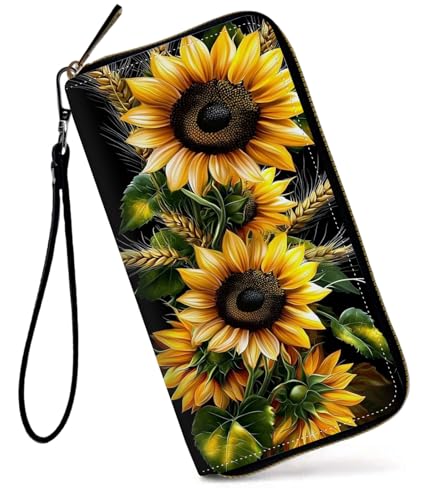 GFRGTFHYT Damen-Geldbörse, großes Fassungsvermögen, RFID-blockierend, PU-Leder, Handgelenk-Geldbörsen für Damen, Sonnenblumen, Women Wallet, Sonnenblumen von GFRGTFHYT