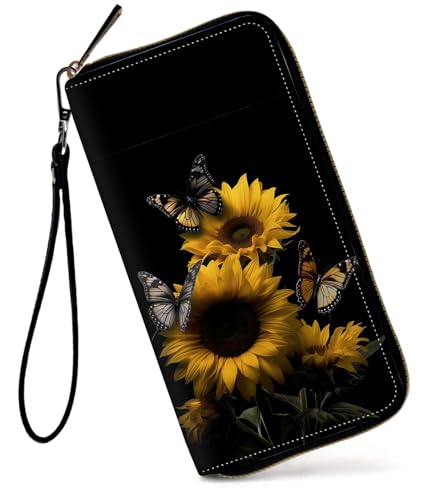GFRGTFHYT Damen-Geldbörse, großes Fassungsvermögen, RFID-blockierend, PU-Leder, Handgelenk-Geldbörsen für Damen, Sonnenblumen-Schmetterling, Women Wallet, Sonnenblumen-Schmetterling von GFRGTFHYT