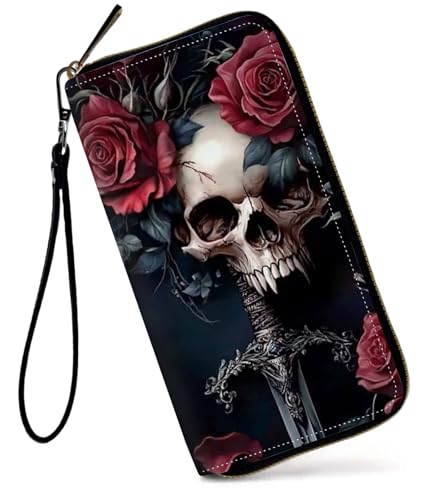 GFRGTFHYT Damen-Geldbörse, großes Fassungsvermögen, RFID-blockierend, PU-Leder, Handgelenk-Geldbörsen für Damen, Totenkopf Rose, Women Wallet, Totenkopf-Rose von GFRGTFHYT