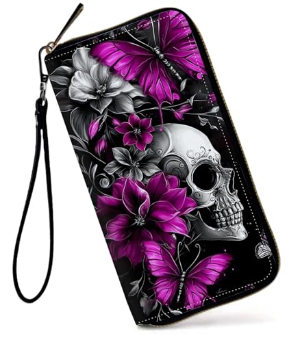 GFRGTFHYT Damen-Geldbörse, großes Fassungsvermögen, RFID-blockierend, PU-Leder, Handgelenk-Geldbörsen für Damen, Totenkopf lila Schmetterling, Women Wallet, Totenkopf lila Schmetterling von GFRGTFHYT