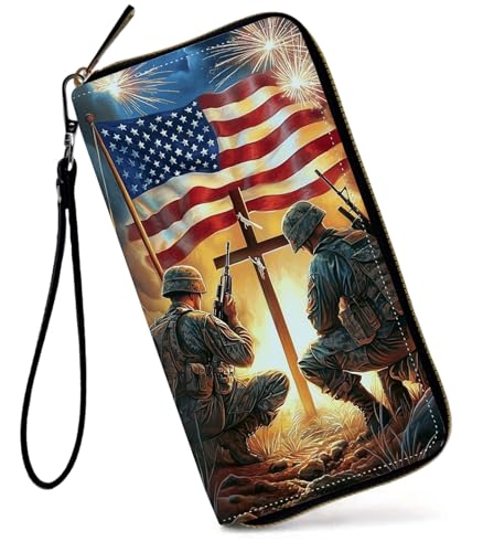 GFRGTFHYT Damen-Geldbörse, großes Fassungsvermögen, RFID-blockierend, PU-Leder, Handgelenk-Geldbörsen für Damen, USA-Flaggen-Krieger, Women Wallet, USA-Flaggen-Krieger von GFRGTFHYT