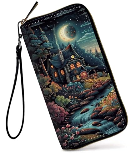 GFRGTFHYT Damen-Geldbörse, großes Fassungsvermögen, RFID-blockierend, PU-Leder, Handgelenk-Geldbörsen für Damen, Waldhaus, Women Wallet, Waldhaus von GFRGTFHYT