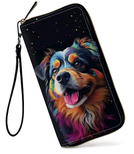 GFRGTFHYT Damen-Geldbörse, großes Fassungsvermögen, RFID-blockierend, PU-Leder, Handgelenk-Geldbörsen für Damen, Wasserfarben-Hund, Women Wallet von GFRGTFHYT