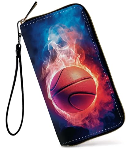 GFRGTFHYT Damen-Geldbörse, großes Fassungsvermögen, RFID-blockierend, PU-Leder, Handgelenk-Geldbörsen für Damen, Wasserfeuer-Basketbälle, Women Wallet, Wasserfeuer-Basketbälle von GFRGTFHYT