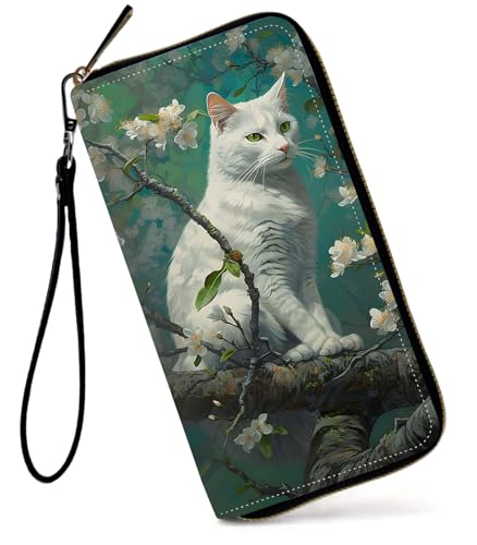 GFRGTFHYT Damen-Geldbörse, großes Fassungsvermögen, RFID-blockierend, PU-Leder, Handgelenk-Geldbörsen für Damen, Weiße Katzenblume, Women Wallet, Weiße Katzenblume von GFRGTFHYT