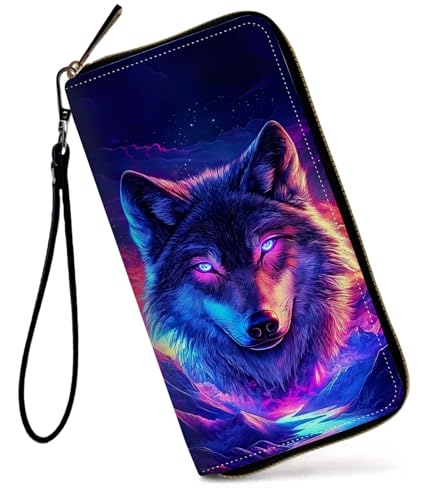 GFRGTFHYT Damen-Geldbörse, großes Fassungsvermögen, RFID-blockierend, PU-Leder, Handgelenk-Geldbörsen für Damen, Wolfsgesicht, Women Wallet, Wolfsgesicht von GFRGTFHYT