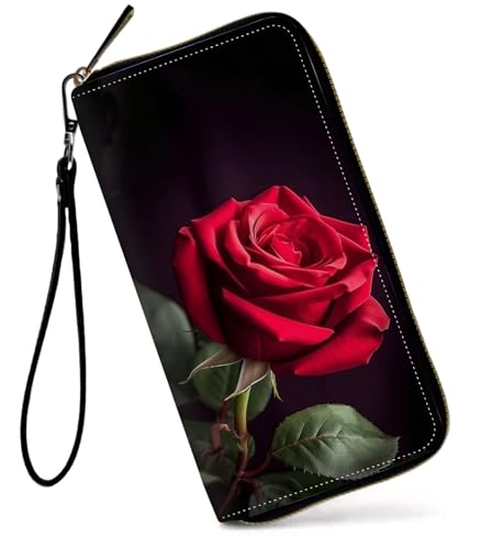 GFRGTFHYT Damen-Geldbörse, großes Fassungsvermögen, RFID-blockierend, PU-Leder, Handgelenk-Geldbörsen für Damen, rote rose, Women Wallet, Rote Rose von GFRGTFHYT