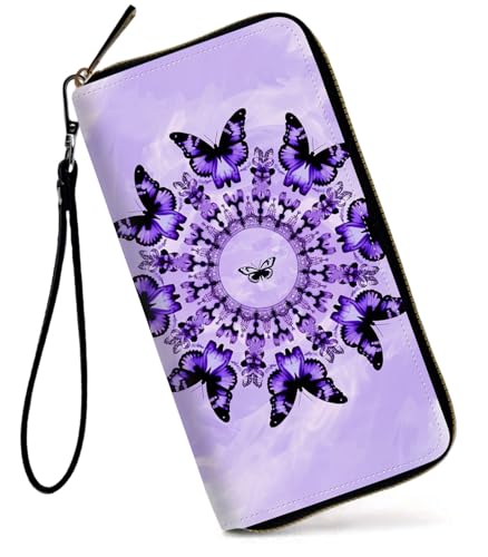 GFRGTFHYT Damen-Geldbörse, großes Fassungsvermögen, RFID-blockierend, PU-Leder, Handgelenk-Geldbörsen für Damen, violettfarbener schmetterling, Women Wallet, Lila Schmetterling von GFRGTFHYT