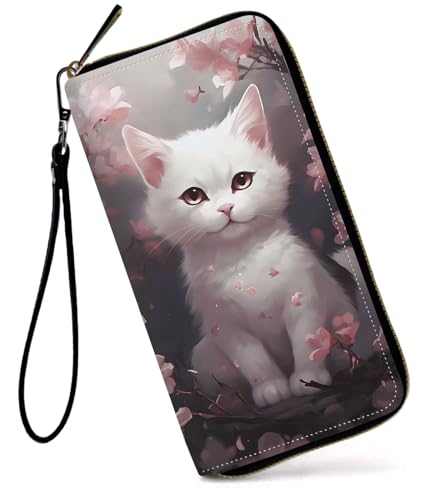 GFRGTFHYT Damen-Geldbörse, großes Fassungsvermögen, RFID-blockierend, PU-Leder, Handgelenk-Geldbörsen für Damen, weiße katze, Women Wallet, Weiße Katze von GFRGTFHYT