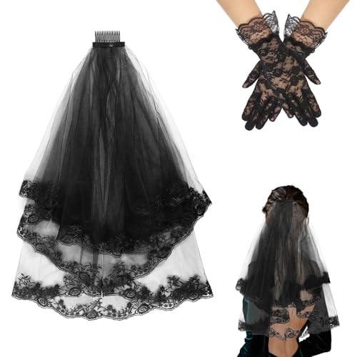 GFUEIGJ 2 Stück Schleier Schwarz Halloween Schleier Black Lace Veil and Floral Lace Gloves Schleier Braut for Women Wedding Cosplay Party Kopfbedeckung Foto Requisiten von GFUEIGJ