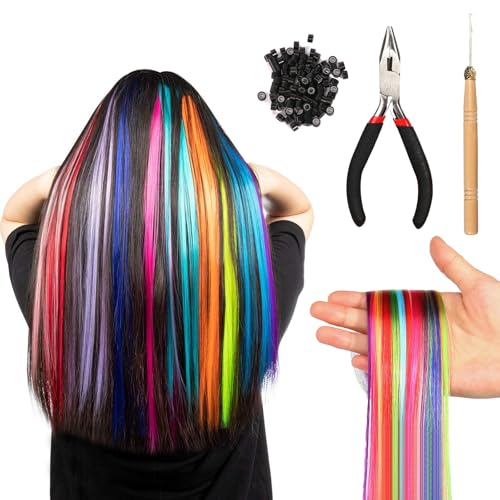 Bunte Haarverlängerungs Set 100 Stück Bunte Feder Haarverlängerungs Set mit Perückenzangenhaken und 100 Perlen Unsichtbar Haarsträhnen Kinder Haarsträhnen zum Einklipsen von GFUEIGJ