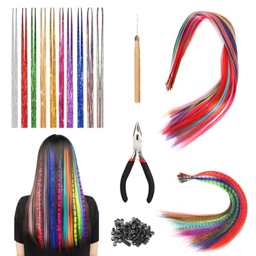Bunte Haarverlängerungs Set 60 Stück Bunte Feder Haarverlängerungs Set mit Perückenzangenhaken und 100 Perlen Unsichtbar Haarsträhnen Kinder Haarsträhnen zum Einklipsen (3 Stile) von GFUEIGJ