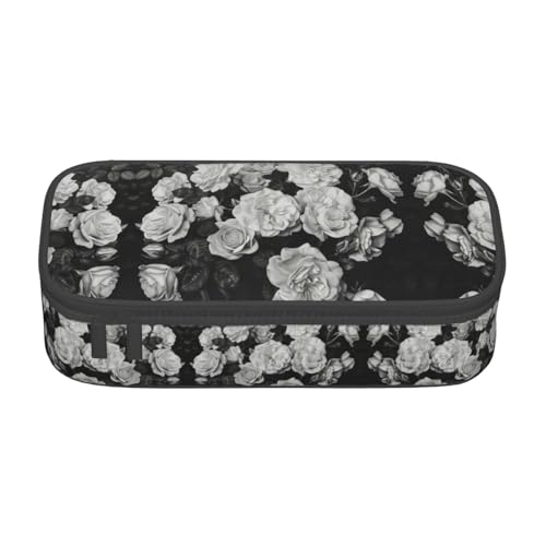 GFXEDSAH Federmäppchen mit Rosen-Aufdruck, Federmappe, Organizer, Oxford-Stoff, Mehrzweck-Federmäppchen, Schwarz / Weiß, Schwarz , Einheitsgröße, Schlüsseletui von GFXEDSAH