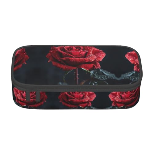 GFXEDSAH Federmäppchen mit rotem Rosenmuster, Federmäppchen, Organizer, Oxford-Stoff, Mehrzweck-Federmäppchen, Schwarz , Einheitsgröße, Schlüsseletui von GFXEDSAH