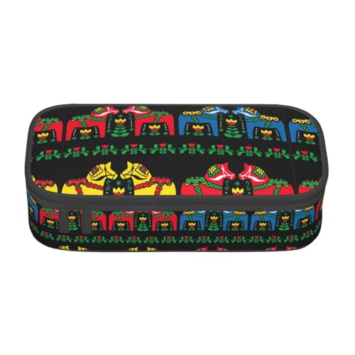 GFXEDSAH Federmäppchen mit schwedischem Dala-Pferd-Motiv, Federmäppchen, Organizer, Oxford-Stoff, Mehrzweck-Federmäppchen, Schwarz , Einheitsgröße, Schlüsseletui von GFXEDSAH