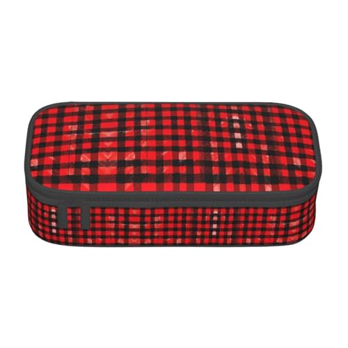 GFXEDSAH Kariertes Federmäppchen mit rotem und schwarzem Druck, stilvoll und funktional, klein, aber geräumig, ideal für Reisen oder den täglichen Gebrauch, Schwarz , Einheitsgröße, Kosmetiktasche von GFXEDSAH
