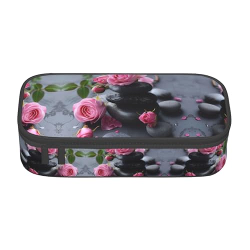 GFXEDSAH Spa Federmäppchen mit Stein- und Rosenblumen-Druck, Federmäppchen, Organizer, Oxford-Stoff, Mehrzweck-Federmäppchen, Schwarz , Einheitsgröße, Schlüsseletui von GFXEDSAH