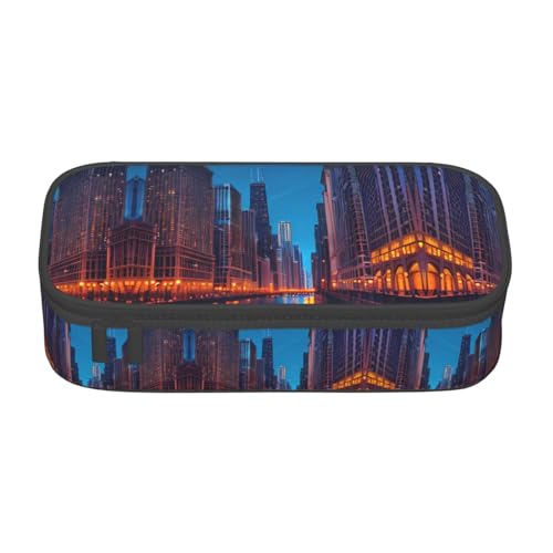 GFXEDSAH Stilvolle und funktionale Federmäppchen mit Chicago-Nacht-Aufdruck, klein, aber geräumig, ideal für Reisen oder den täglichen Gebrauch, Schwarz , Einheitsgröße, Kosmetiktasche von GFXEDSAH