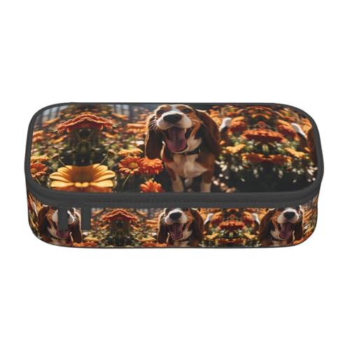 GFXEDSAH Süßes Basset Hound-Blumendruck, stilvolle und funktionale Federmäppchen, klein, aber geräumig, ideal für Reisen oder den täglichen Gebrauch, Schwarz , Einheitsgröße, Kosmetiktasche von GFXEDSAH