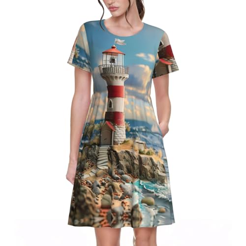 GFXEDSAH The Seaside Damen Maxikleid mit Leuchtturm-Druck, kurzärmelig, fließend, mit Taschen, für Frühling und Strandurlaub, Schwarz , S von GFXEDSAH