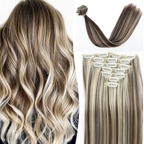 GGAUBAIFI 22" Clip-in-Haarverlängerungen Echthaar für Frauen, lange gewellte Echthaar-Clip-in-Extensions, Braun EX62-8H613 von GGAUBAIFI