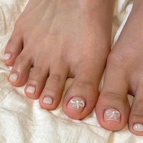 GGAUBAIFI 3D-Zehennägel mit Schleife, quadratische Press-on-Zehennägel für Damen, Nagelverlängerungen, künstliche Strand-Vollabdeckung, weiß, für Damen, 24 Stück von GGAUBAIFI